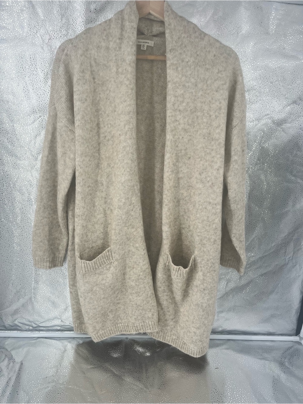 Max Studio Open Front Knit Cardigan Sweater Pockets Oatmeal Cream Fleck Cozy XS
